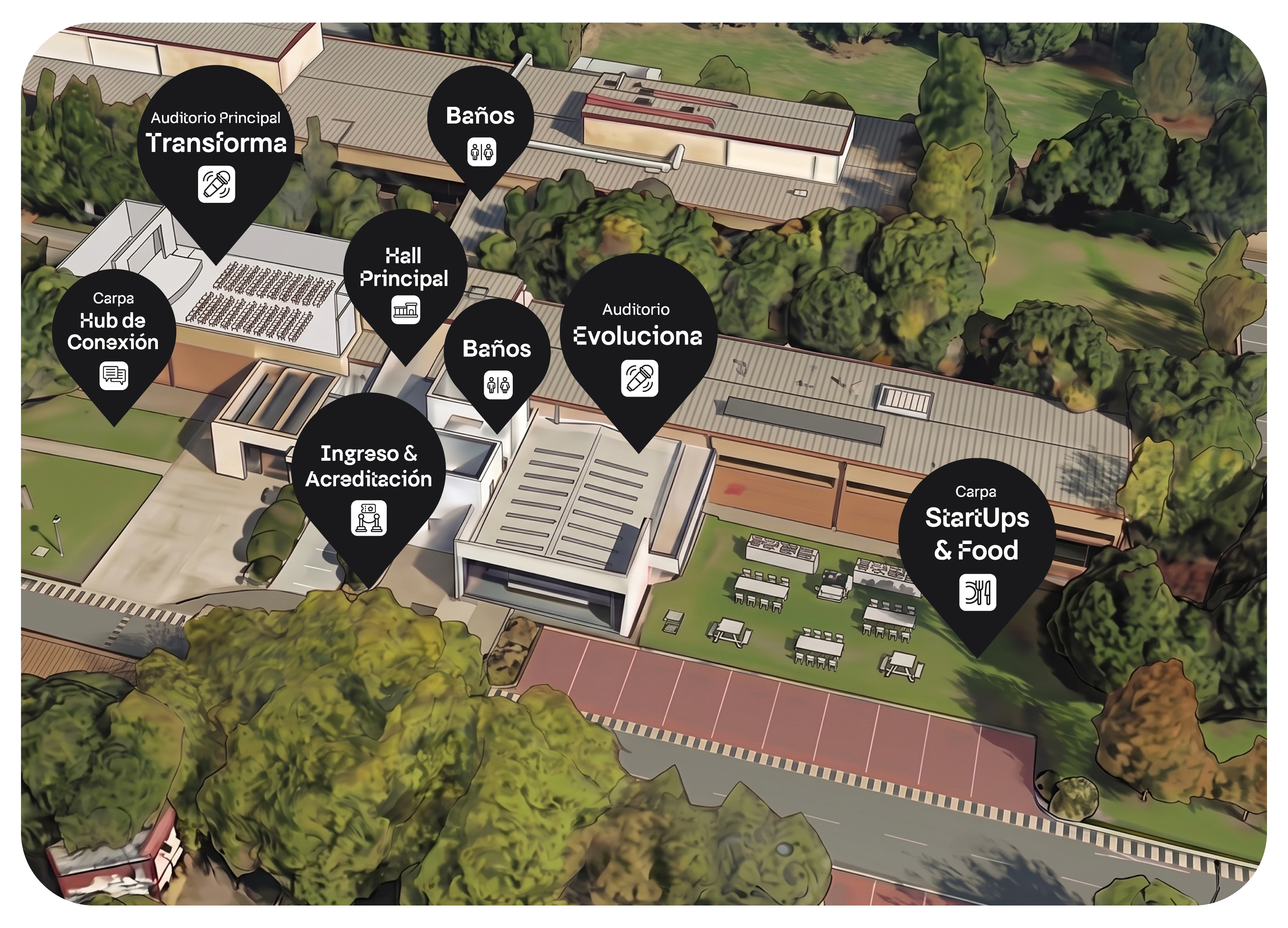 Mapa del venue Fundación Chile: auditorios Transforma y Evoluciona, carpas, hall, ingreso y acreditación